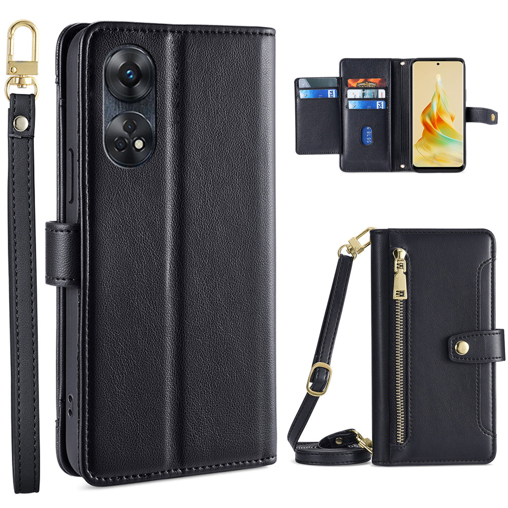 Zipper Pocket Phone Case for Oppo Reno8 T 4G Card Slots Leather Stand Phone Cover with Straps Zipper Pocket Phone Case for Oppo Reno8 T 4G Card Slots Leather Stand Phone Cover with Straps
